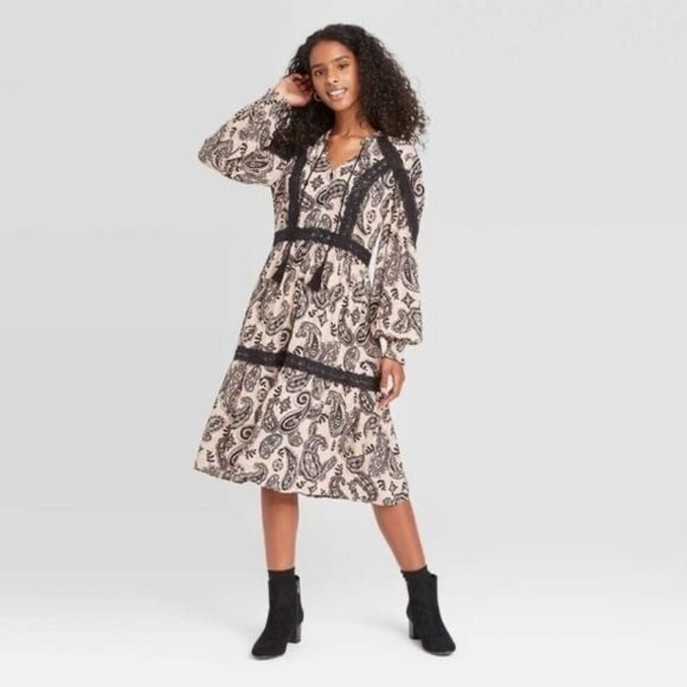 Knox Rose Long Sleeve Boho Black Paisley Crochet Trim Dress -  Size XS - NEW